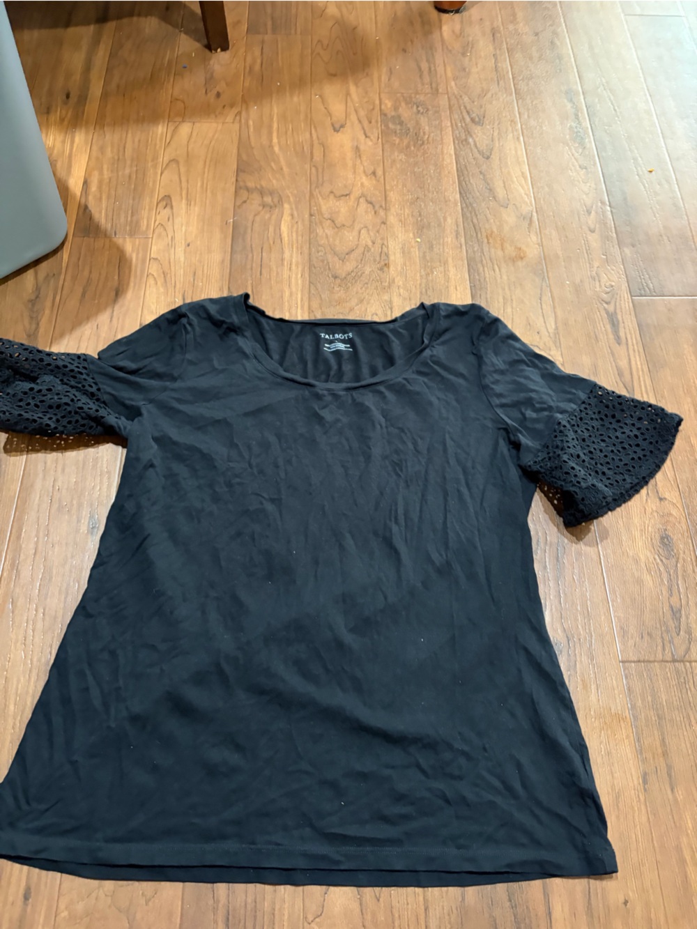 Talbots Black Short-Sleeve Tee with Eyelet Lace Sleeves